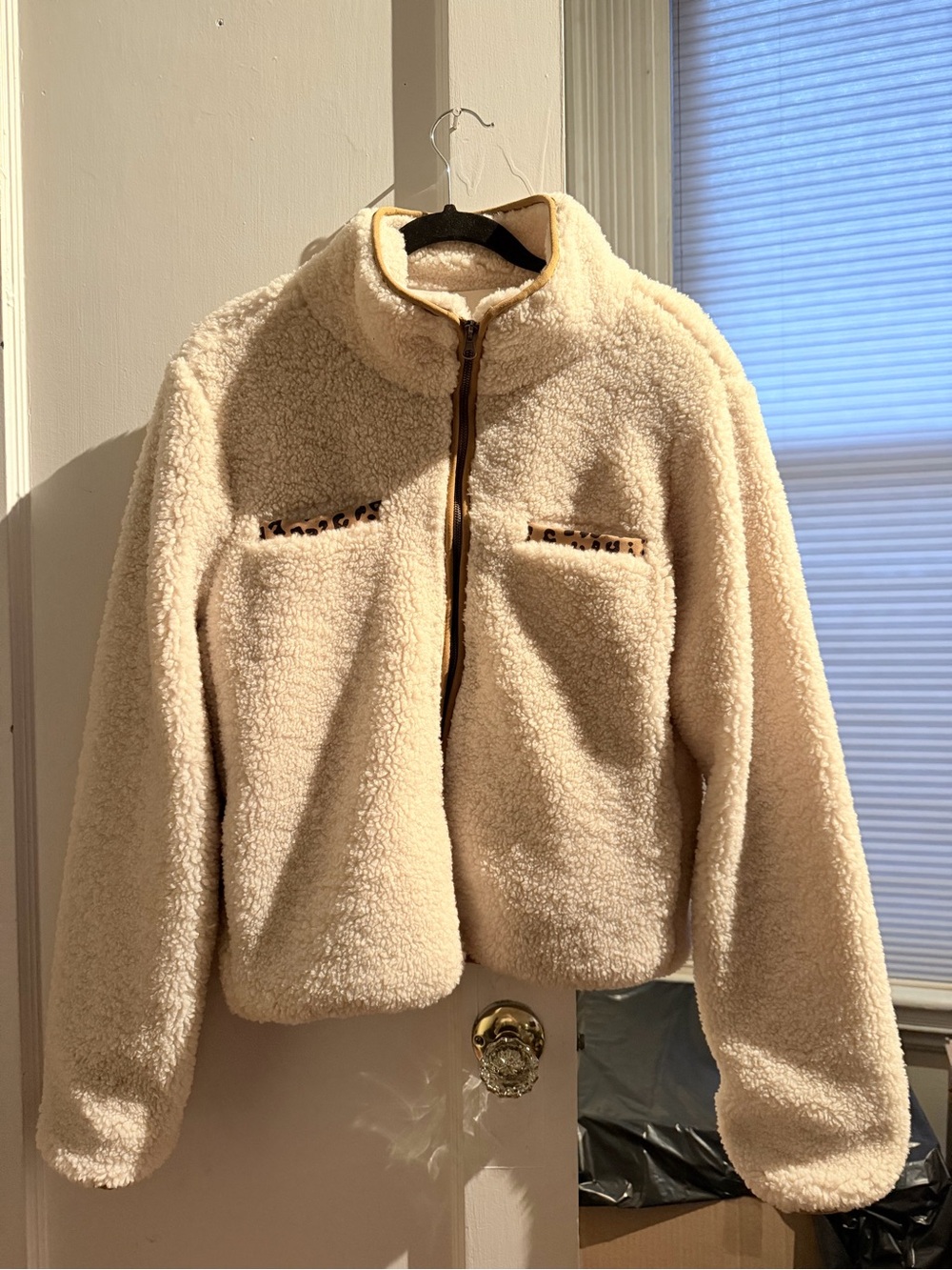 Thread & Supply Cream Teddy Sherpa Zip Jacket with Leopard Trim